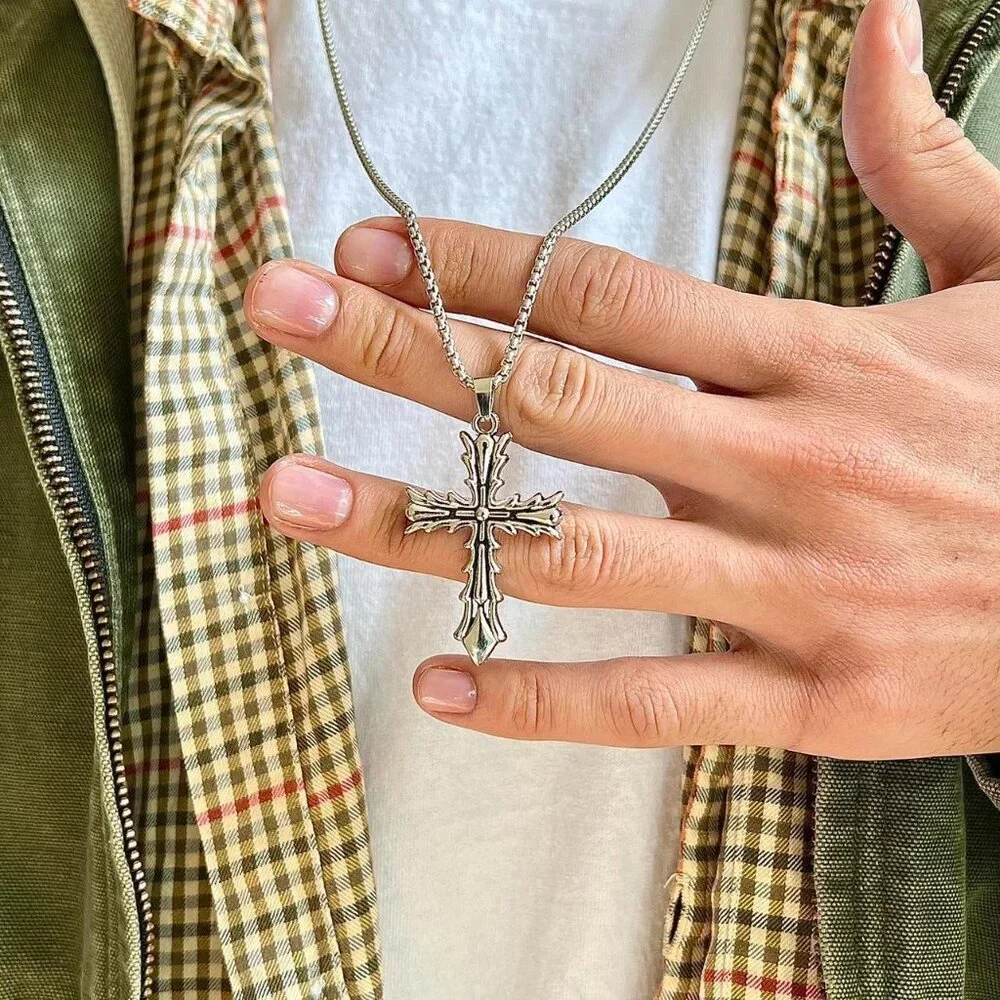 y2k grunge silver cross pendant necklace